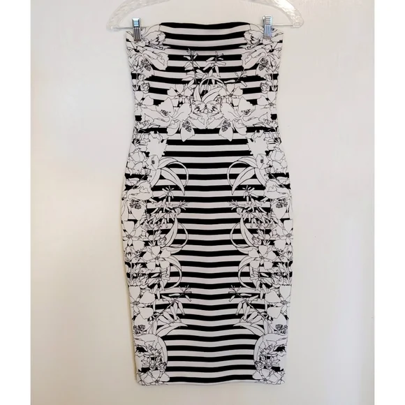 NWOT Express Strapless Floral Striped Black White Knee Length Bodycon Dress US 2 - Picture 4 of 7